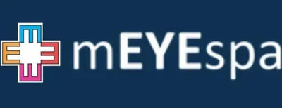Colorful medical cross logo with 'mEYEspa' text on a dark blue background