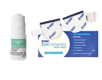 Eye drops and Bruder moist heat eye compress for dry eye relief