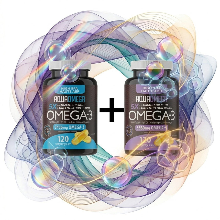 AquaOmega Omega-3 supplement bottles with colorful abstract background and capsules