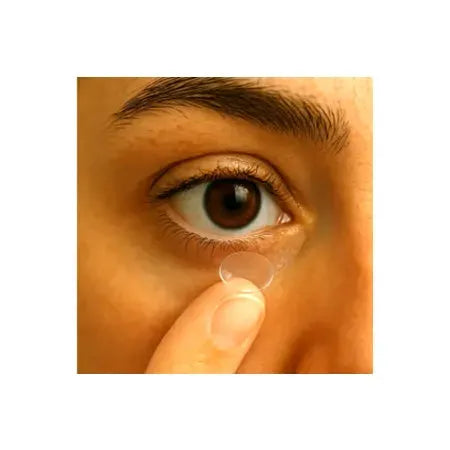 Close-up of a person applying a contact lens to their eye, eye health focus