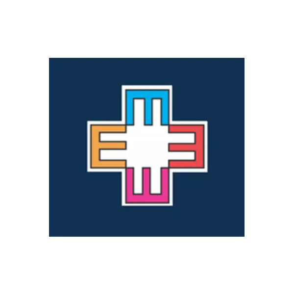 Colorful medical cross logo with blue, orange, red, and pink sections on dark background