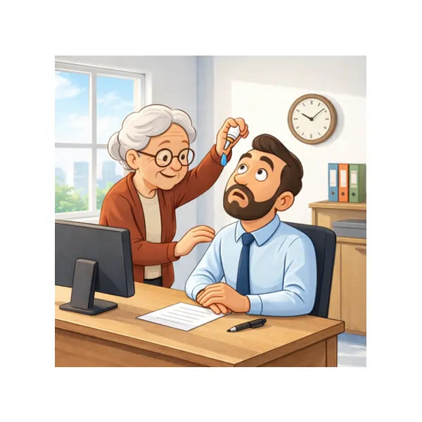 Older woman applying eye drops to man at office desk, dry eye relief concept