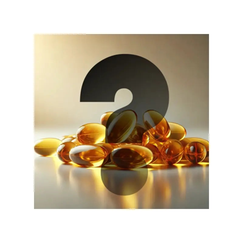 Omega-3 fish oil capsules for dry eye health with a question mark overlay
