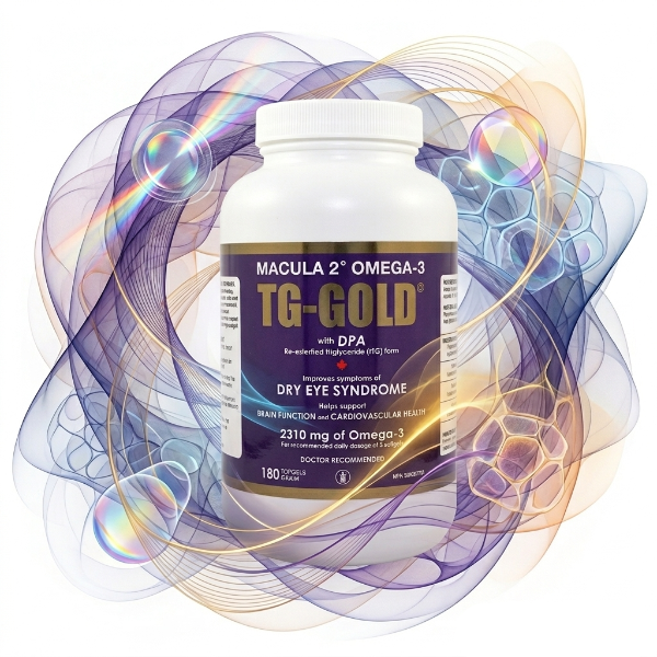 TG-Gold Omega-3 supplement bottle for dry eye relief, with colorful abstract background