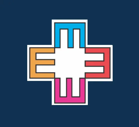 Colorful medical cross logo with blue, orange, red, and pink sections on dark background