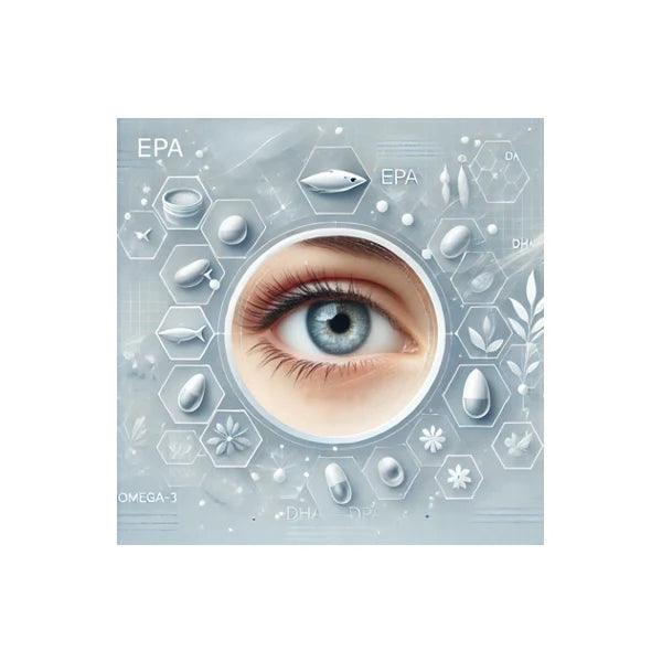 Illustration of a blue eye surrounded by Omega-3, EPA, DHA supplements and natural elements