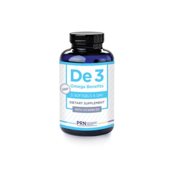 De 3 Omega Benefits dietary supplement bottle with vitamin D3 for eye health