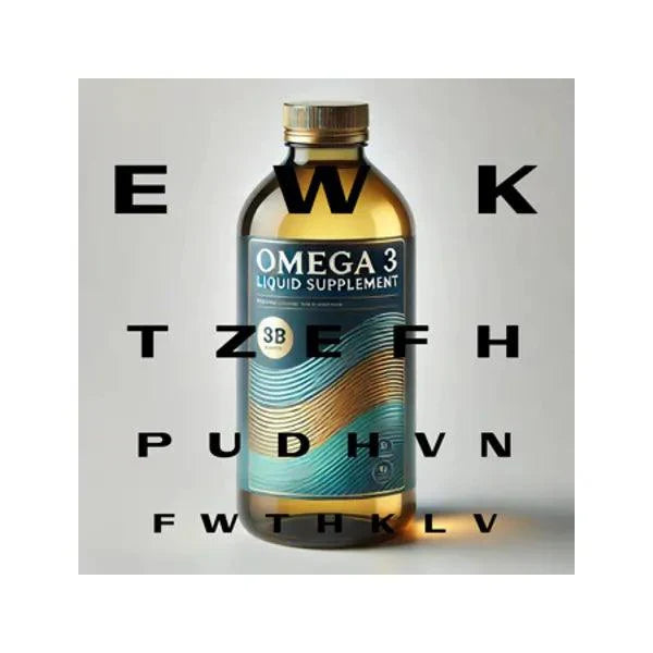 Omega-3 liquid supplement bottle in front of an eye chart, eye health concept