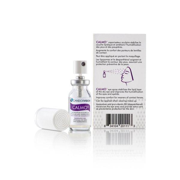 Calmo eye spray for dry eyes with product box and applicator on white background