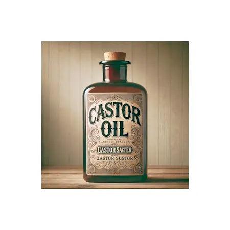 Glass bottle of castor oil with cork lid on a wooden surface, vintage label design
