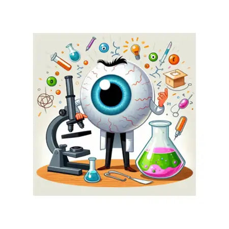 Cartoon eye character in lab coat with microscope, lab glassware, and science icons, eye health theme