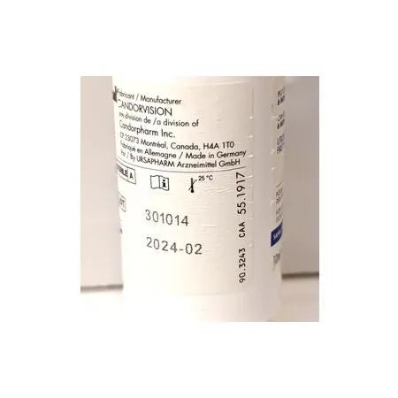 Close-up of medicine bottle label showing batch number and expiration date for eye care product