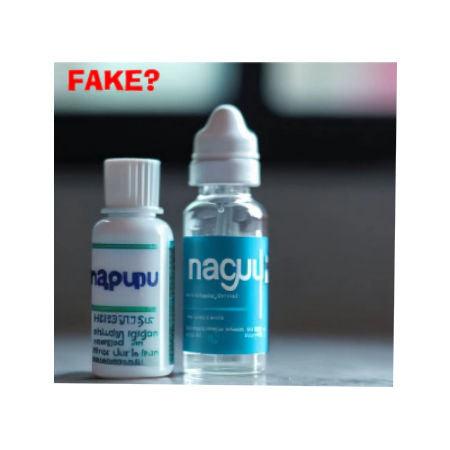 Two eye drop bottles labeled 'napupu' with 'FAKE?' text, highlighting possible counterfeit dry eye product.
