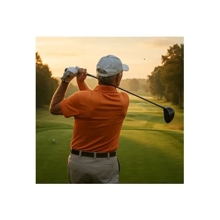 Older man golfing at sunrise on green course, wearing orange shirt and white cap