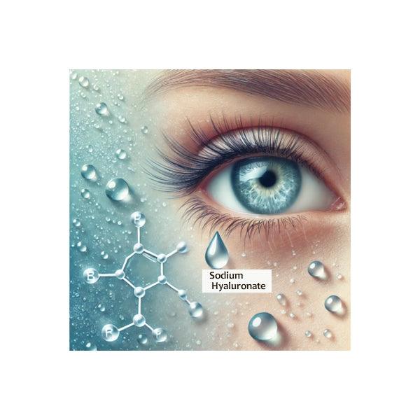 Close-up blue eye with water drops, sodium hyaluronate molecule, dry eye relief concept