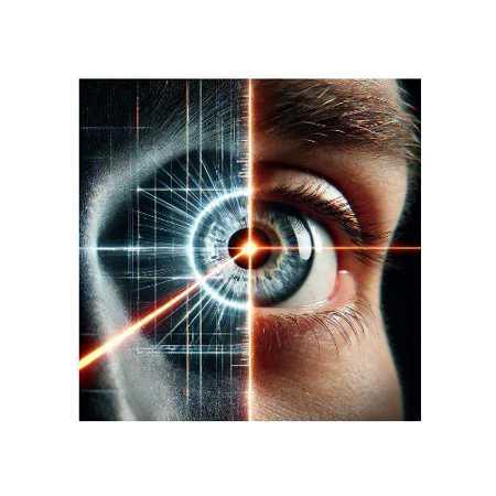 Close-up of a human eye with digital laser scan graphics, eye health technology concept