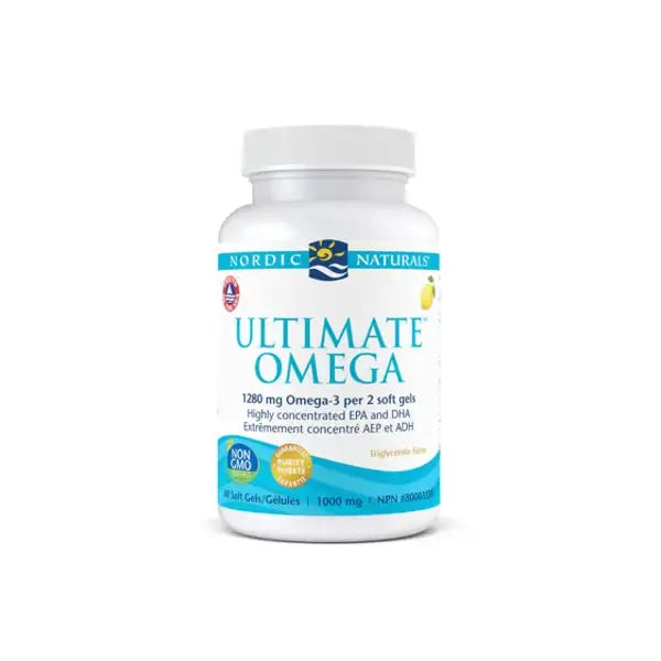 Ultimate Omega-3 supplement bottle with EPA and DHA, supports eye and overall health
