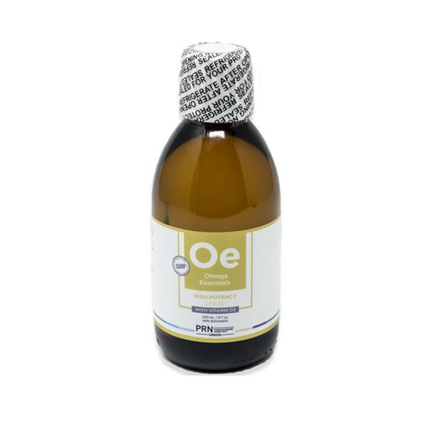 Brown glass bottle of Omega Essentials high potency liquid Omega-3 supplement