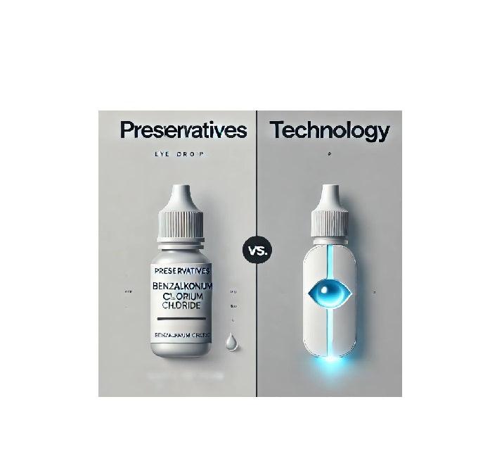 Comparison of preservative eye drops with benzalkonium chloride versus advanced technology eye drops, two bottles side by side.