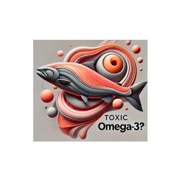 Abstract fish and eye design with text 'Toxic Omega-3' for dry eye supplement discussion