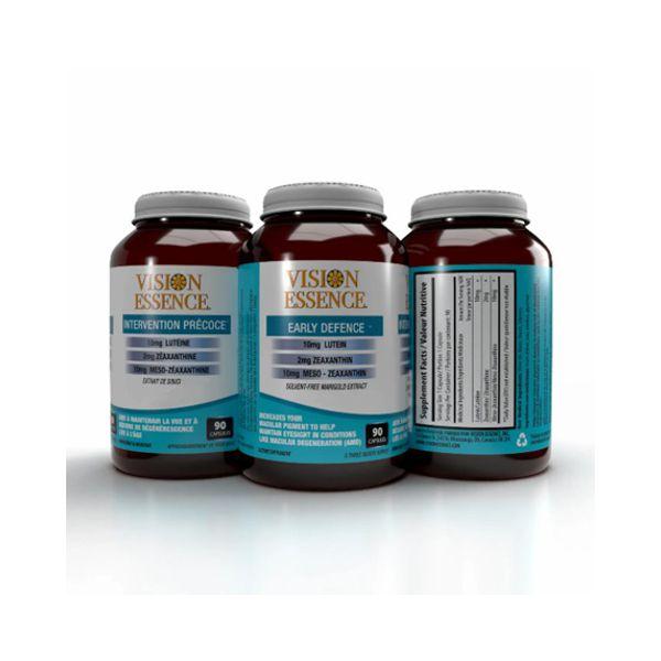 Vision Essence Early Defence eye health supplement bottles with ingredient list visible