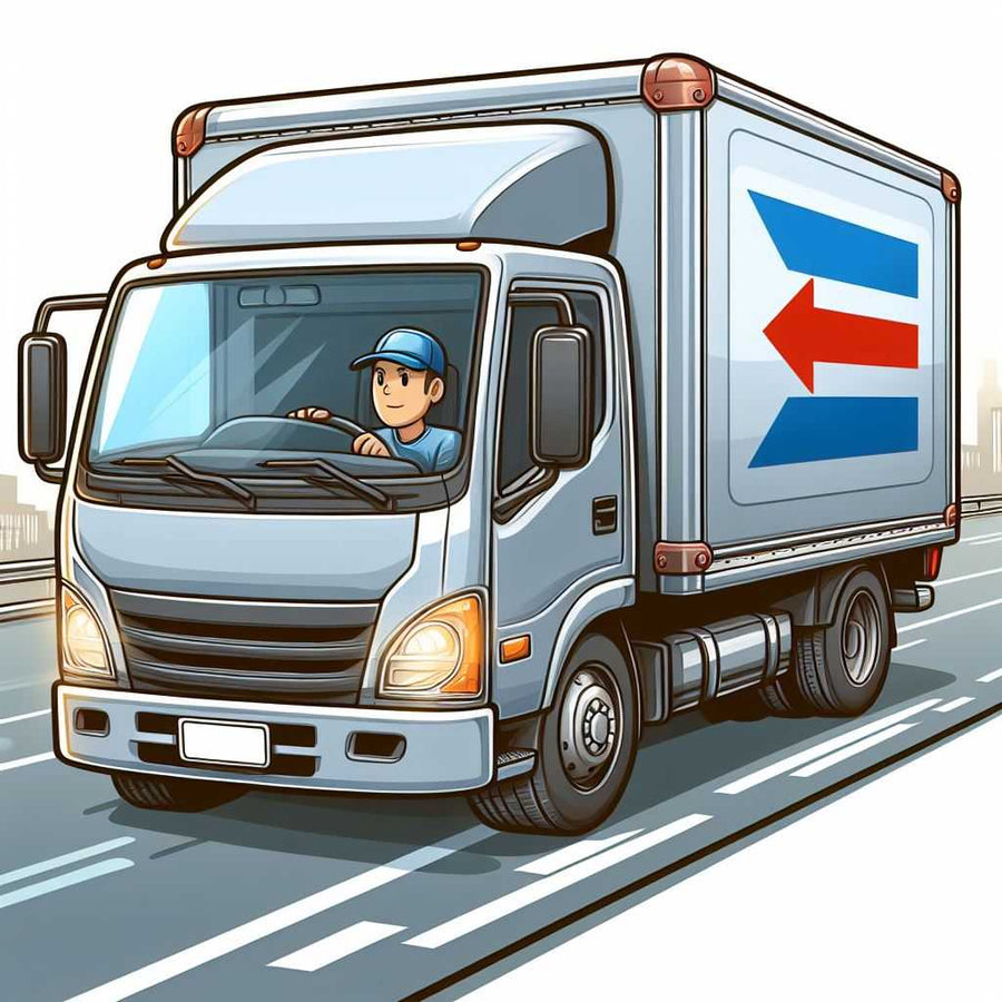 Cartoon delivery truck with driver on road, blue and red arrow symbol on side