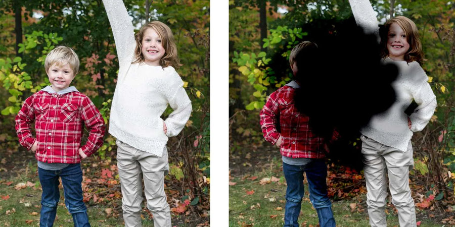 Two children outdoors, one image showing a dark central blurry spot simulating vision loss.