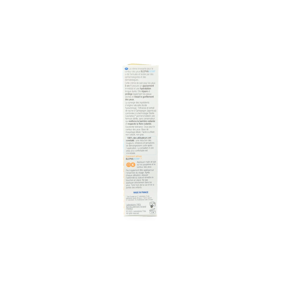 Back packaging of Thea Laboratories Blephaderm eye contour cream with usage instructions.