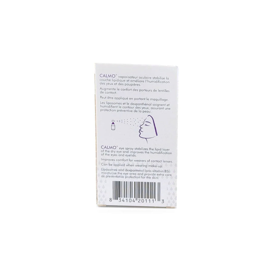 Back of Candor Vision Calmo eye spray packaging with product descriptions and barcode.