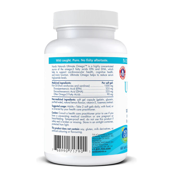 Back label of Nordic Naturals Ultimate Omega 60ct supplement bottle showing ingredients and usage