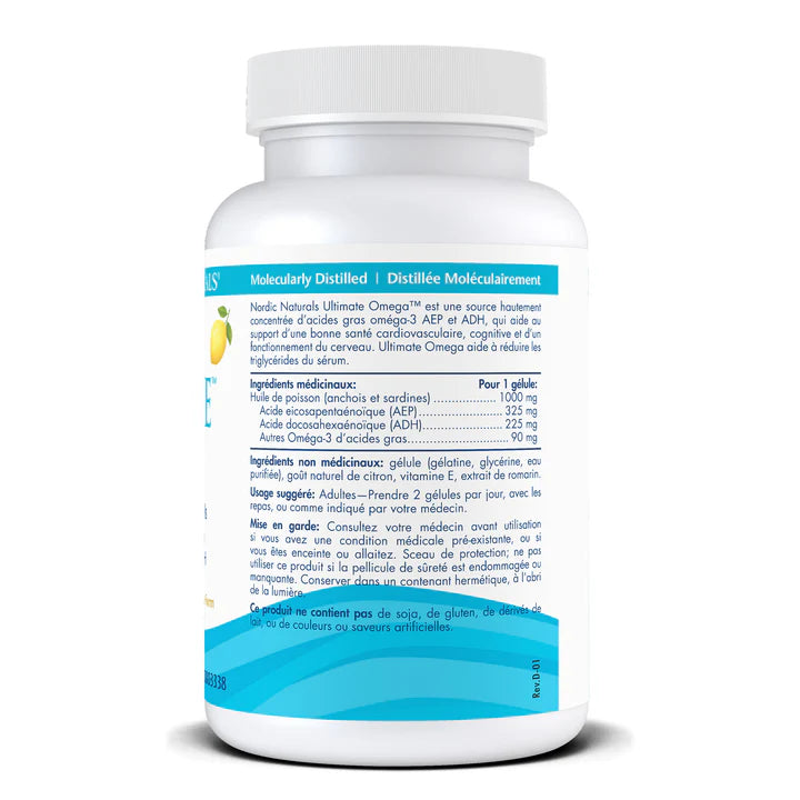 Back of fish oil omega-3 supplement bottle with nutrition facts and dosage instructions