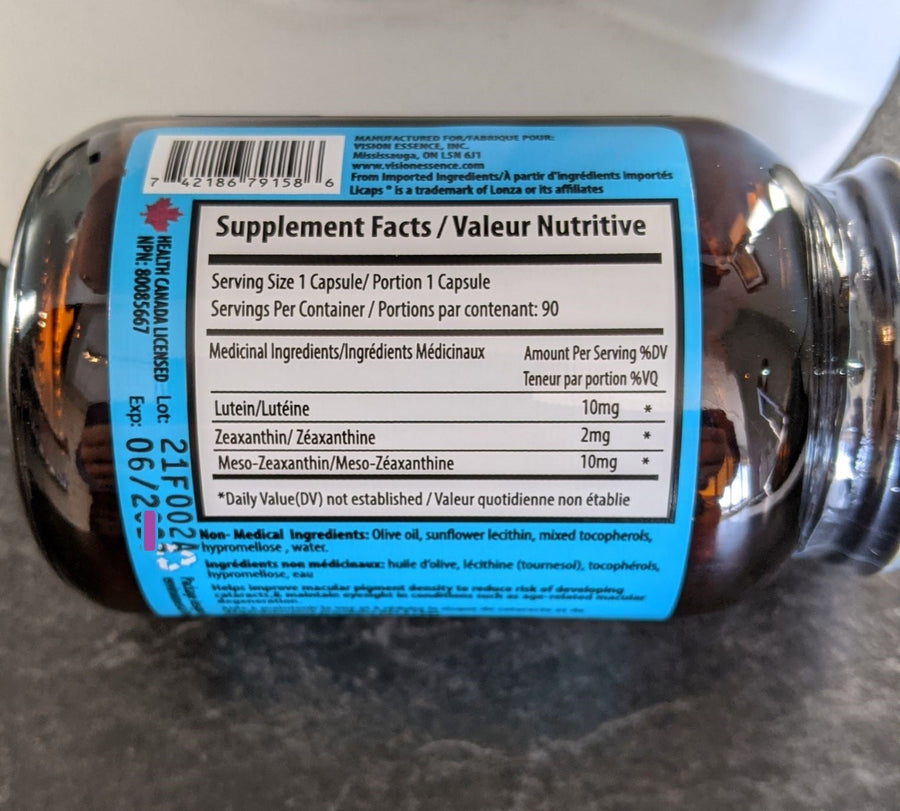 Eye health supplement label showing serving size, lutein, zeaxanthin, and meso-zeaxanthin dosage