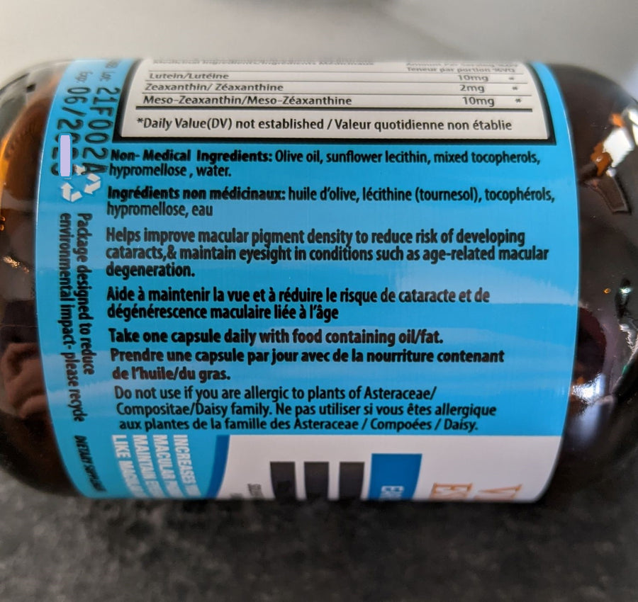 Supplement bottle label showing ingredients and dosage for macular health and eye support.