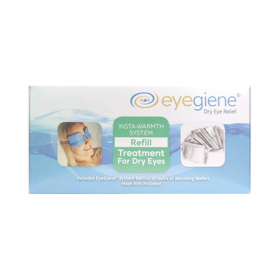 Eyegiene Insta-Warmth System Refill Treatment for Dry Eyes in its retail packaging, featuring a blue and white box with a green central label.