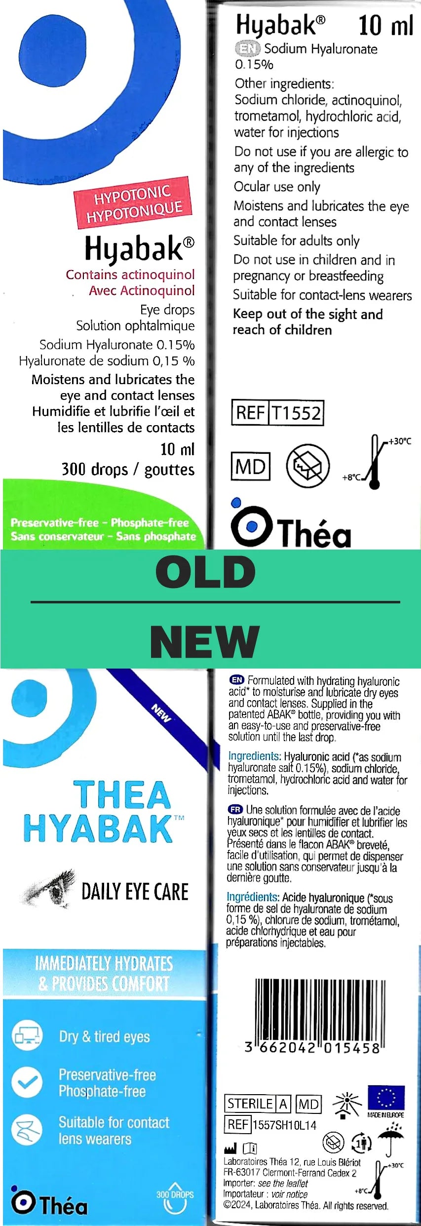 Hyabak eye drops old vs new packaging comparison showing updated design and information for dry eye care