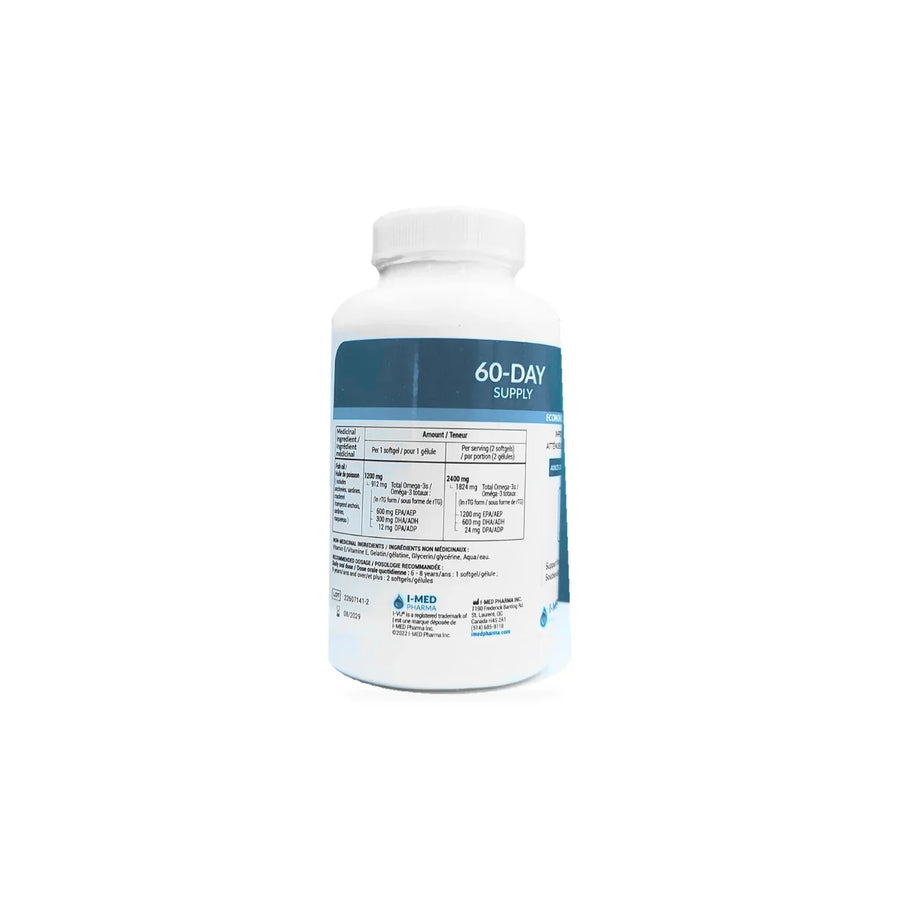White bottle of I-MED Parma I-VU Omega 3 Plus high potency supplement, 60-day supply.