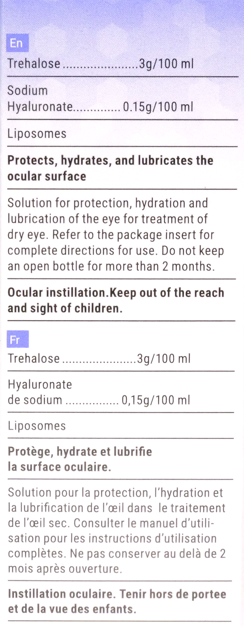 Product label for dry eye solution with trehalose, sodium hyaluronate, and liposomes in English and French.