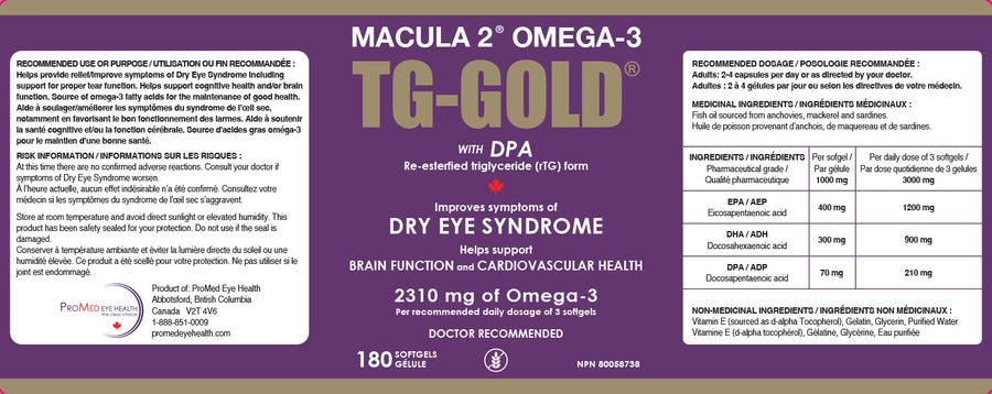 Macula 2 Omega-3 TG-Gold dietary supplement label for dry eye, brain and cardiovascular health