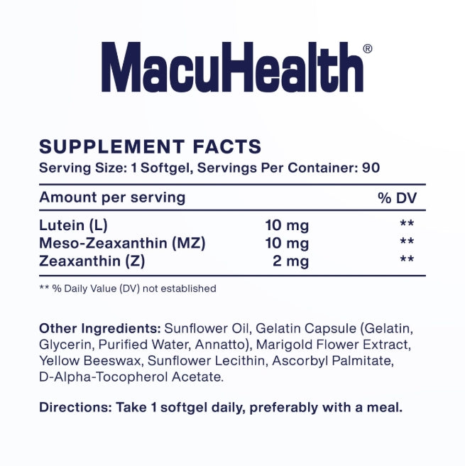 Supplement facts label for MacuHealth softgel with lutein, meso-zeaxanthin, zeaxanthin.