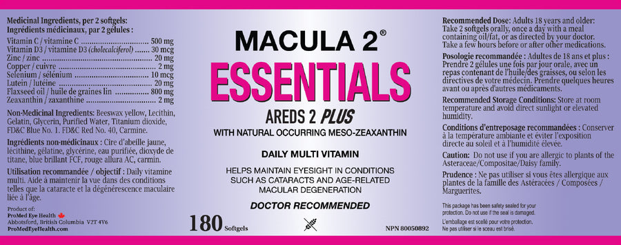 Macula 2 Essentials AREDS 2 Plus vitamin supplement label with ingredients and dosage for eye health
