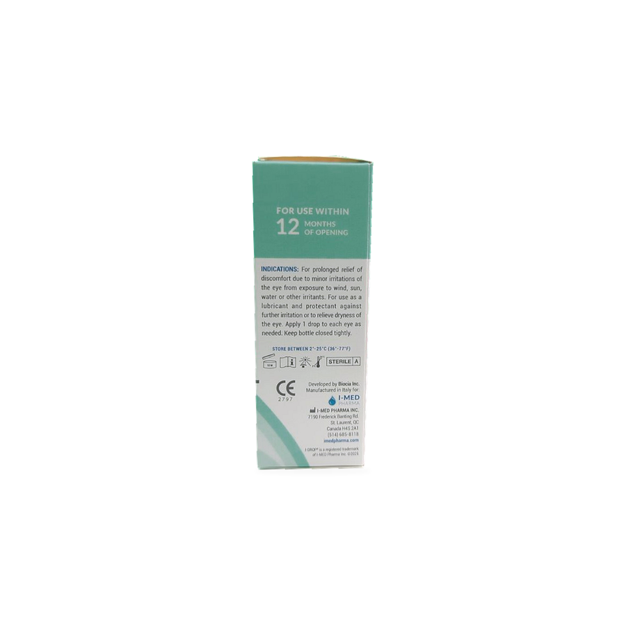 i-drop PUR english indications panel A tall rectangular product box shown upright on a plain white background. The box is mostly white with a teal-green upper section and small teal accents near the bottom