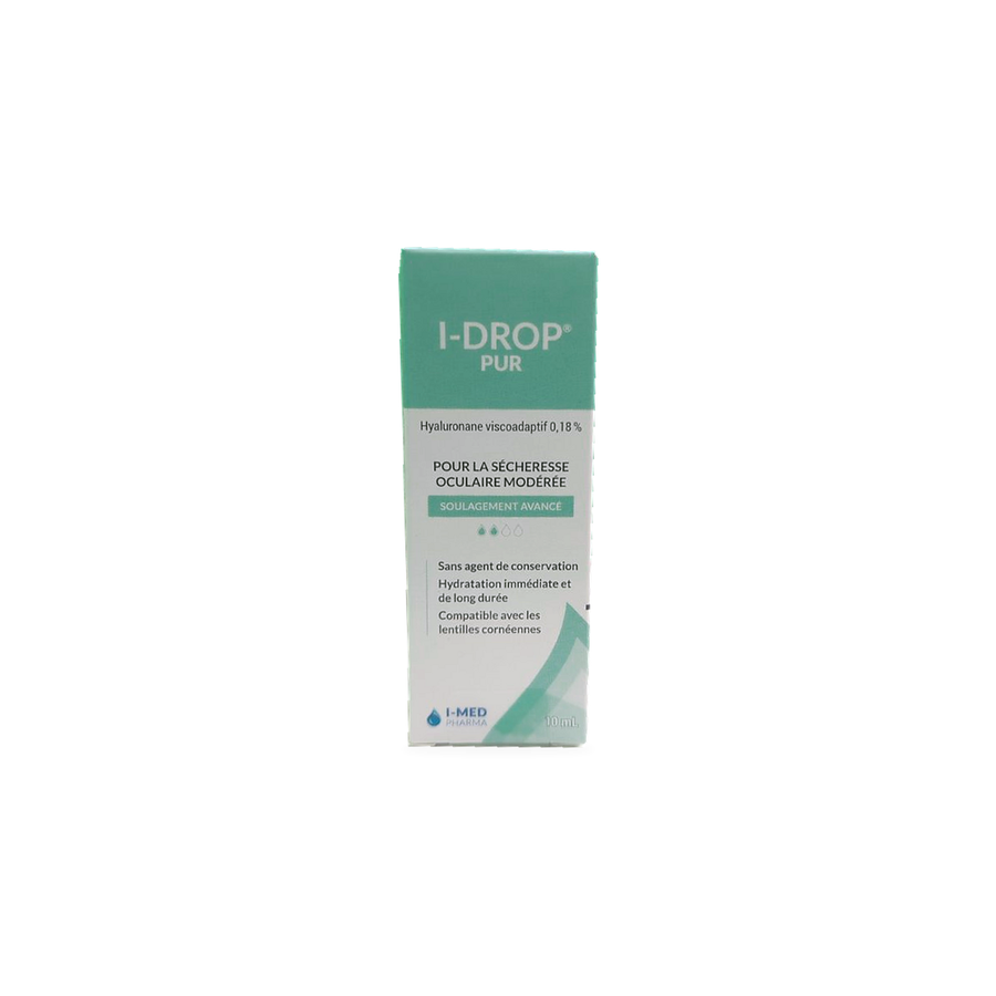 A box of I-DROP PUR mild dehydration gelation agent, featuring a white and mint green design with French text, on a plain white background.