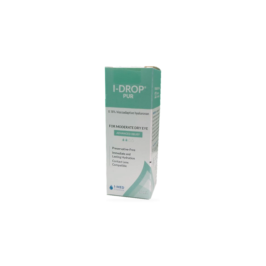 A box of I-DROP PUR 0.15% eye drops, designed for moderate dry eye, shown on a plain white background.