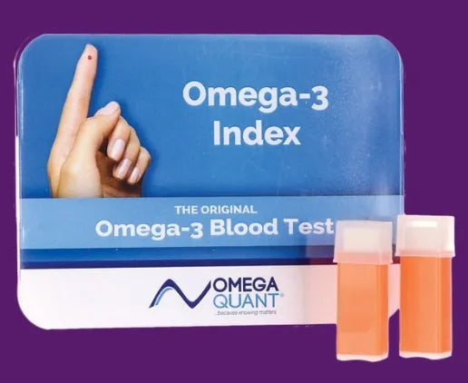 Omega-3 blood test kit with finger prick image and sample vials on purple background