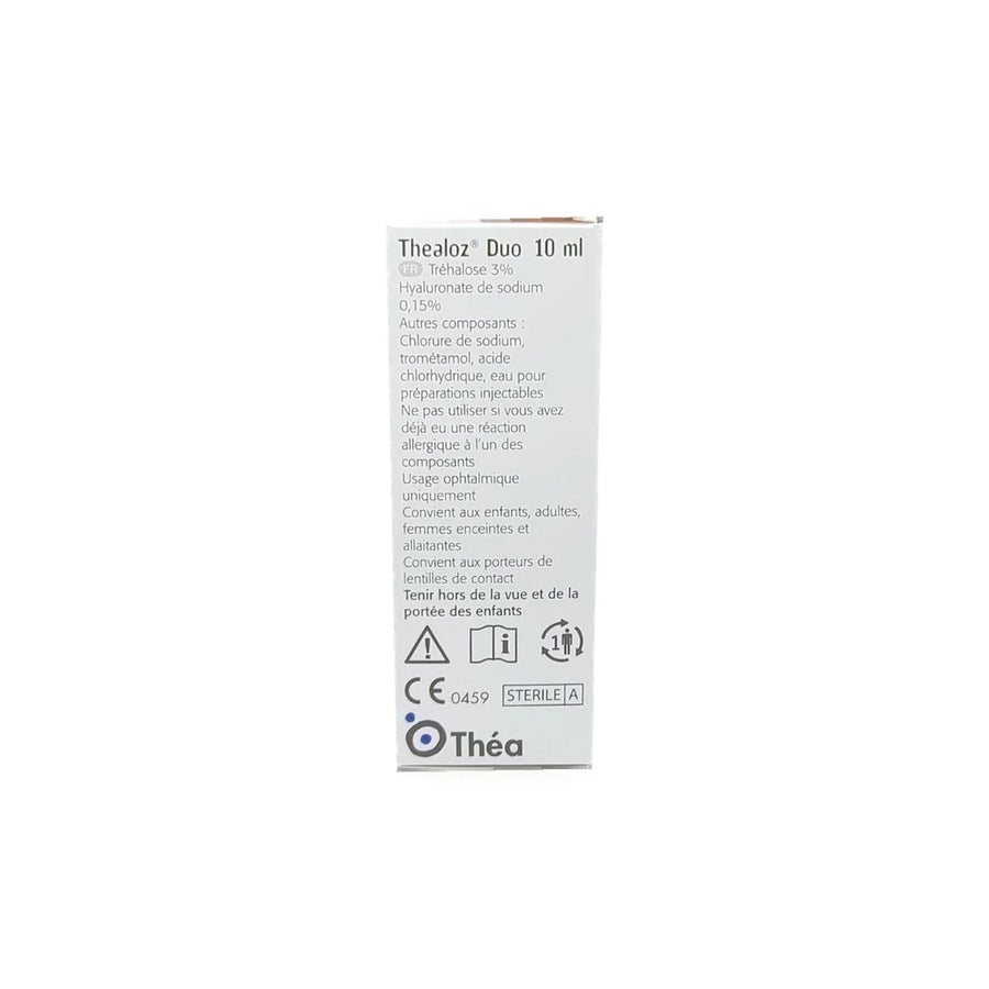 Packaging of Thea Laboratories Thealoz Duo anti-evaporation eye drops, 10ml bottle.