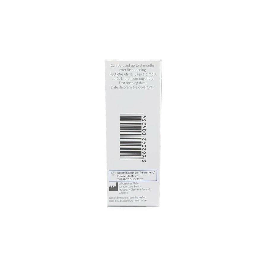 Side view of Thea Laboratories Thealoz Duo anti-evaporation eye drops packaging with barcode.