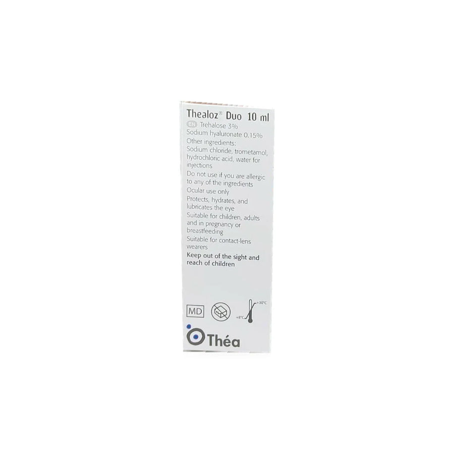 Thea Laboratories Thealoz Duo anti-evaporation eye drops packaging, 10ml bottle.