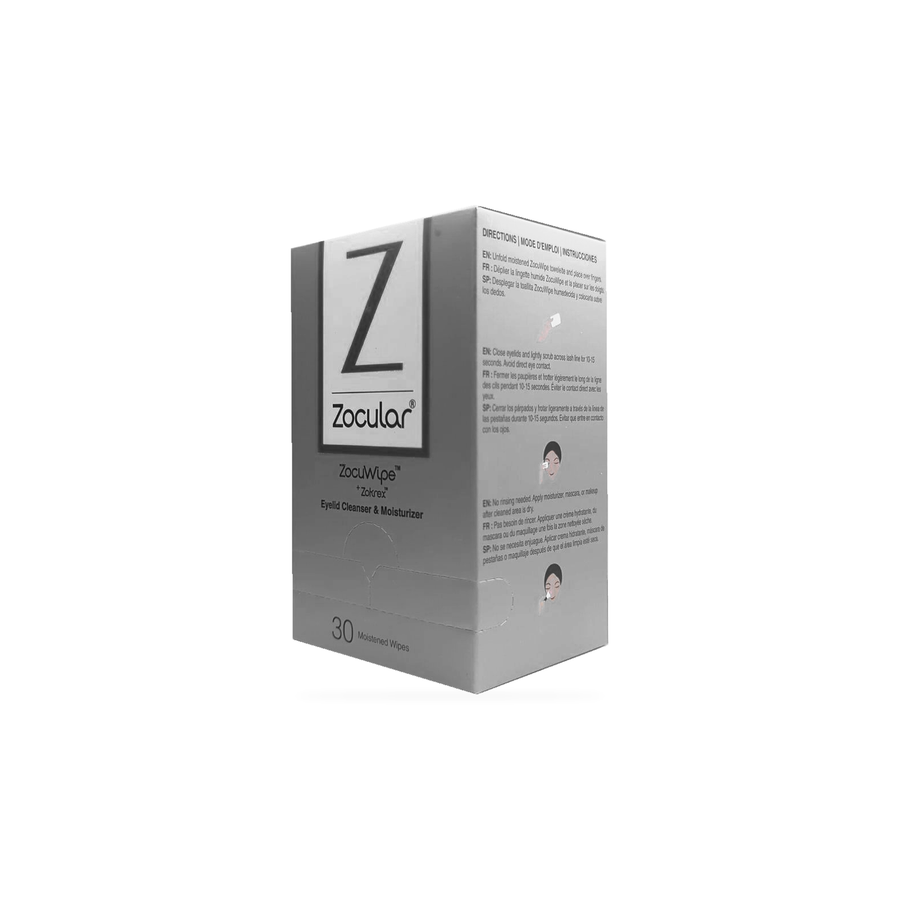 Box of Zocular antimicrobial eyelid cleanser and moisturizer moistened wipes, 30 count.