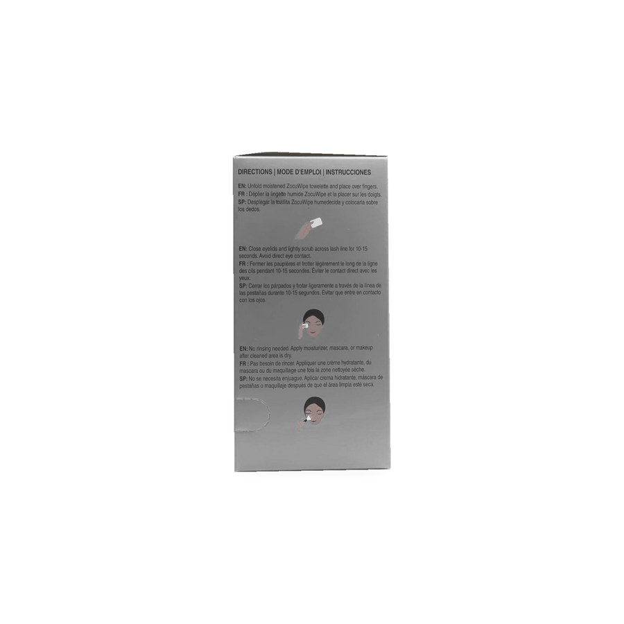 Directions for use and application instructions on Zocular antimicrobial wipes packaging.