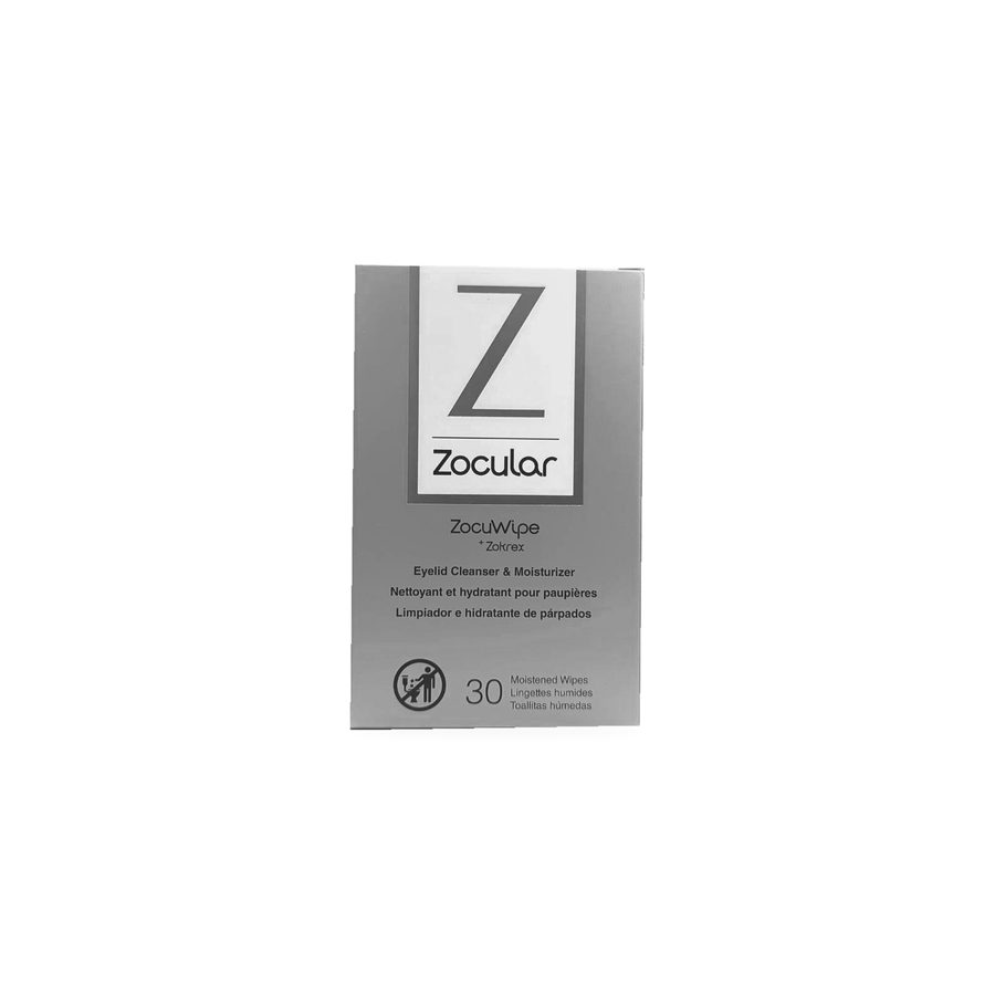 Box of Zocular ZocuWipe eyelid cleanser and moisturizer moistened wipes, 30 count.